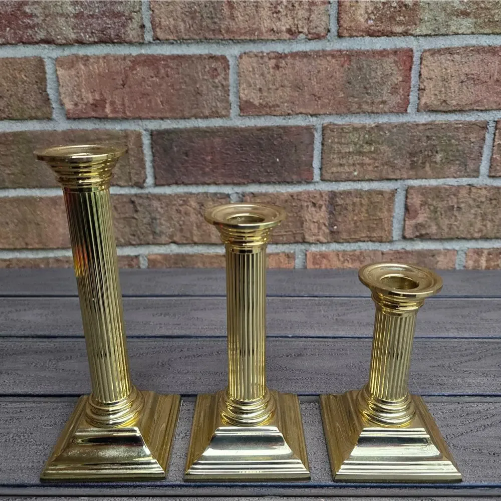 Baldwin Brass Column Candlesticks Smithsonian Shiny Gold Tone Metal Set of 3 Vtg